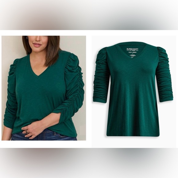 Torrid Super Soft Slub V-Neck Cinched Sleeve Tee Green - Picture 3 of 11